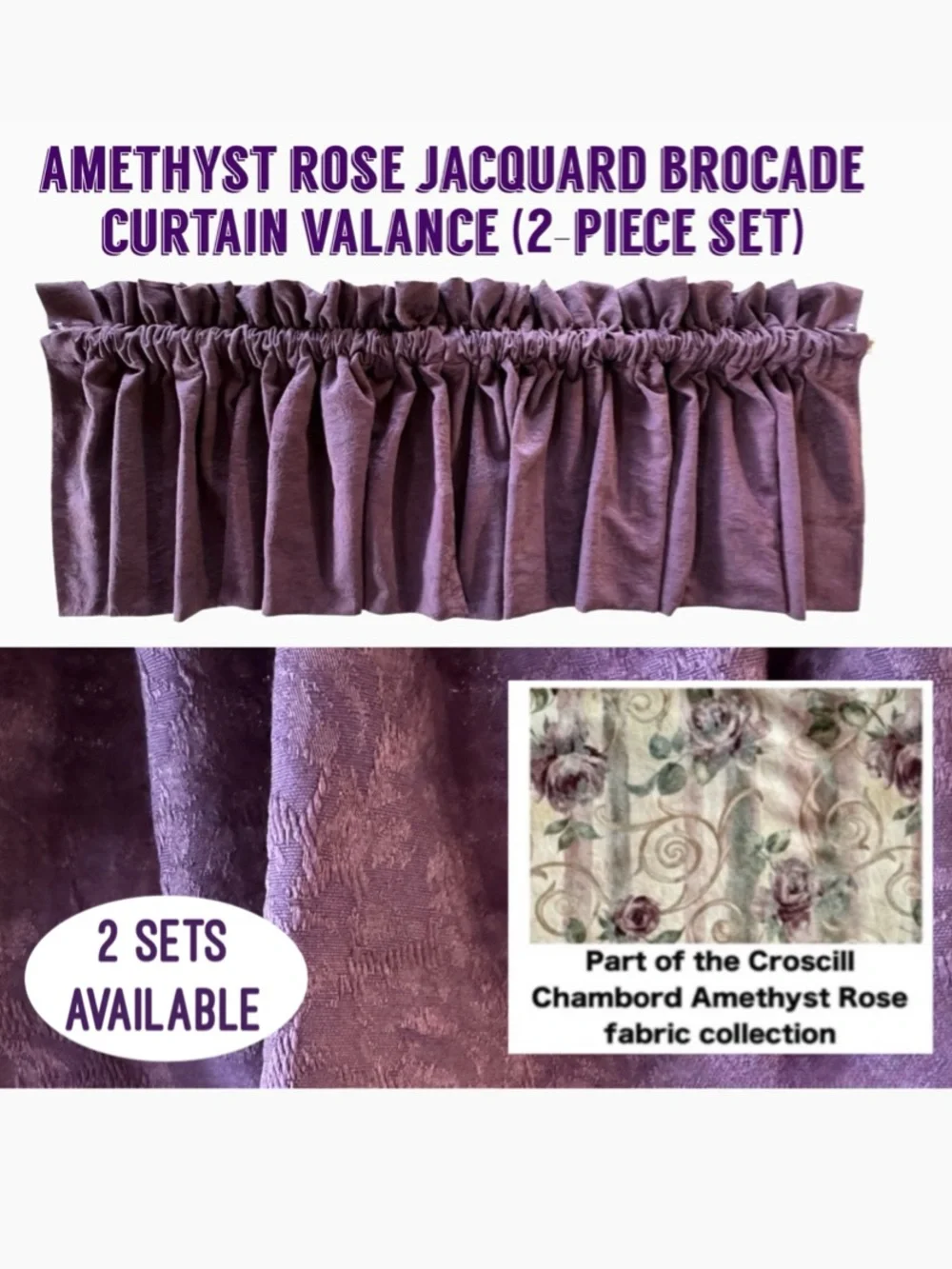 Amethyst Jacquard Brocade Croscill Fabric Curtain Valance (2-piece 53”x22” each)